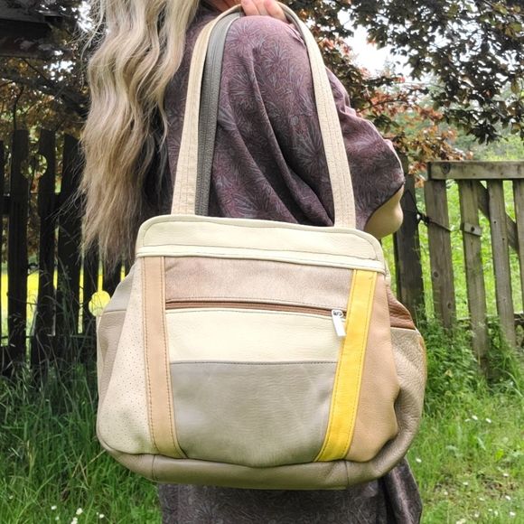 Vintage Handbags - The Tonya 90s Leather Patchwork Neutral Minimal Shoulder Bag